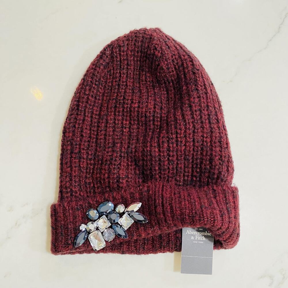 Abercrombie & Fitch Hat Beanie Womens One Size Burgundy Knit Cuffed Jeweled NWT